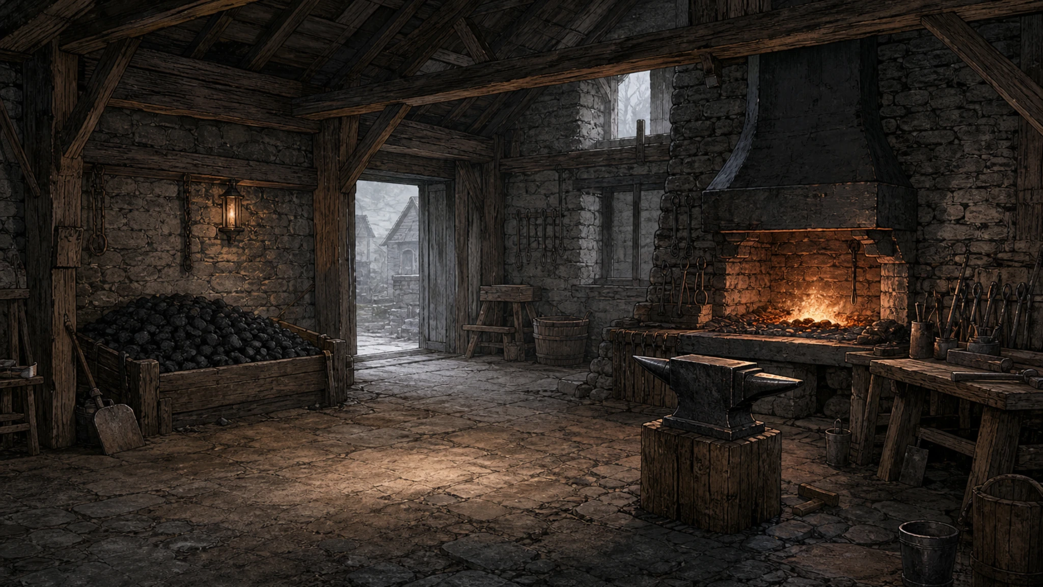 The lamp-lit Blankvale smithy where Silas carries coal and forges iron nails